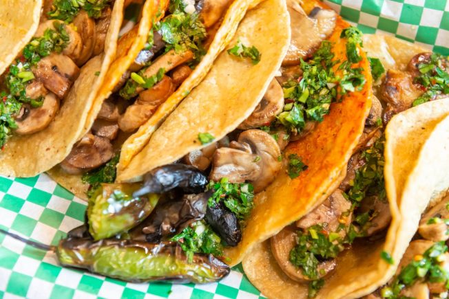 Mushroom tacos in corn tortillas with chimichurri sauce