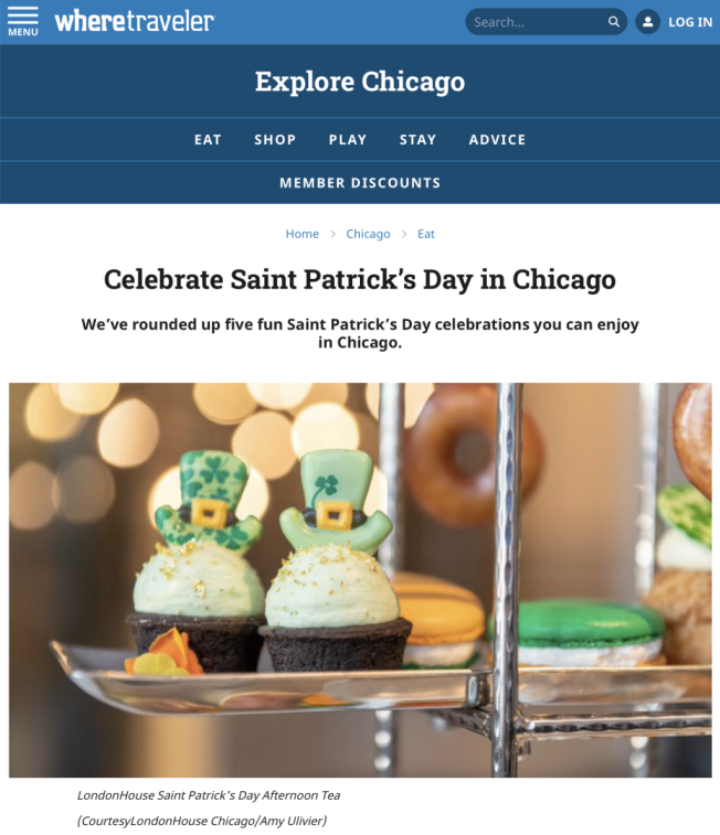 WhereTraveler St. Patrick's Day tea at LondonHouse Chicago