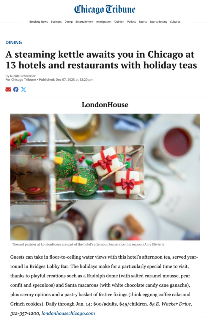 LondonHouse Tea, Holiday Tea feature in the Chicago Tribune