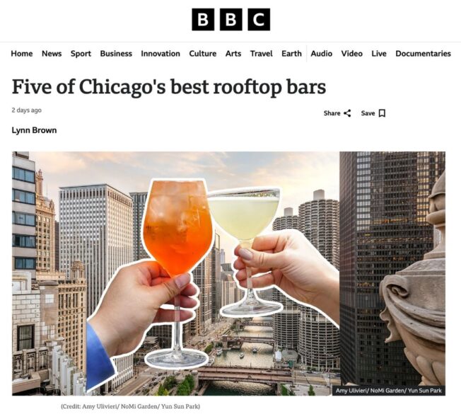 Photograph by Amy Ulivieri of AU Creates. The skyline glows at sunset with Marina City towers and downtown architecture in the background, showcasing the city’s vibrant rooftop culture.