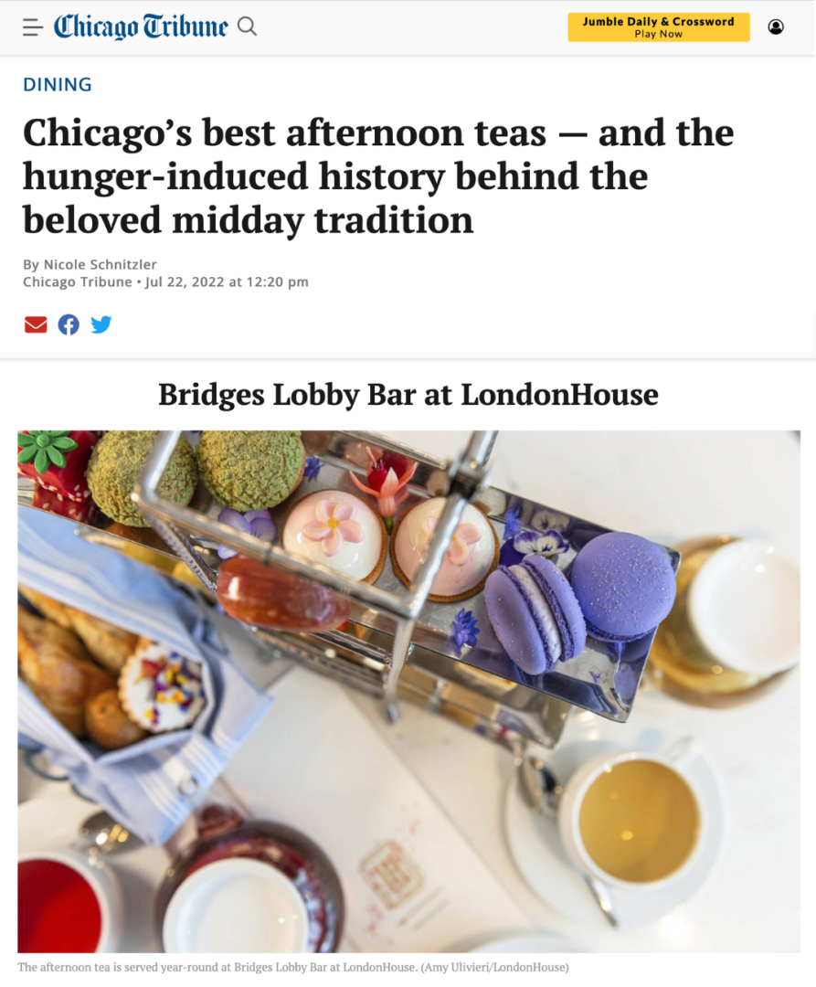 Top down view of tea and desserts at LondonHouse Chicago