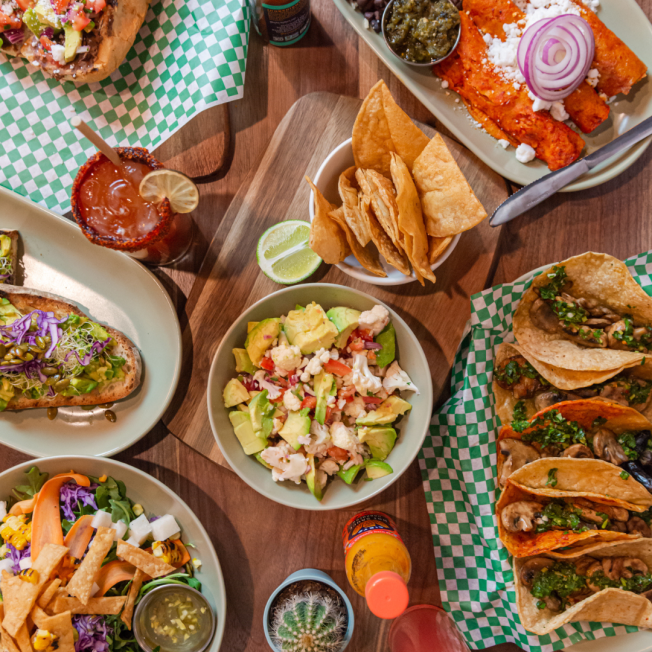 Top down view of Mexican food from Penelope's Vegan Taqueria